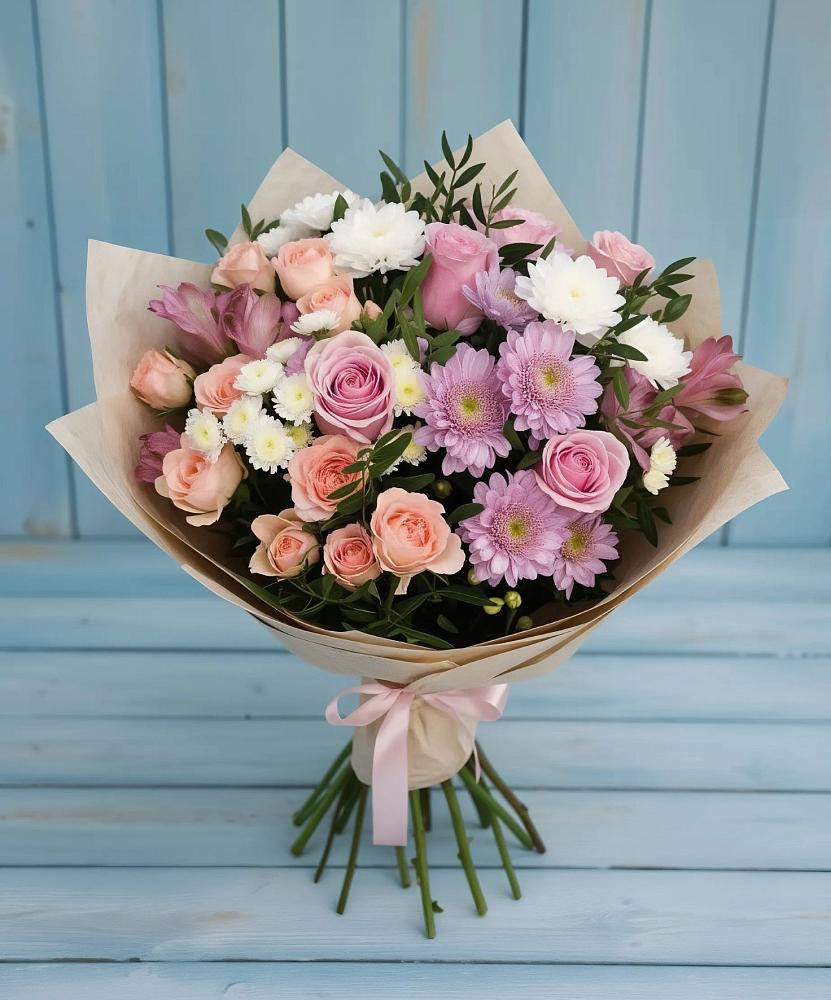 Букет цветов из: Хризантемы, Розы и Альстромерии в Курильске