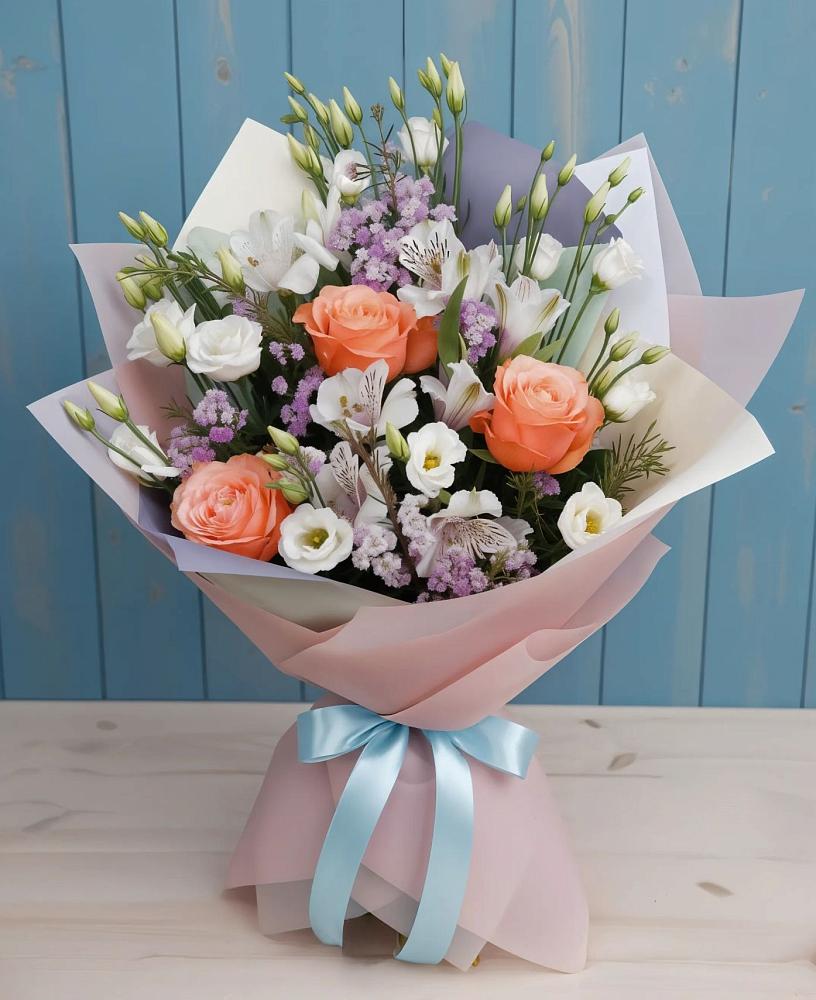 Букет цветов из: Лизиантусы, Розы, Альстромерии и Гипсофила в Курильске