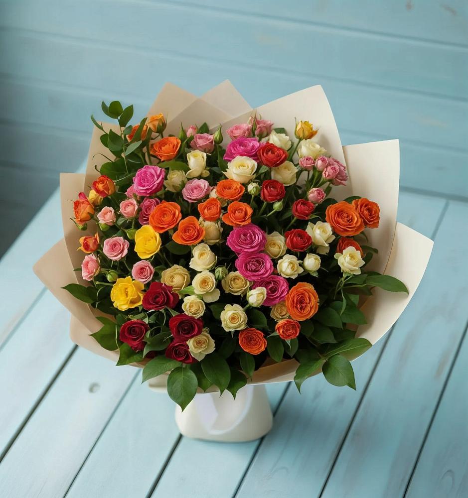 Букет Микс из разноцветных кустовых роз в Курильске