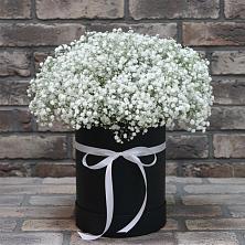 Цветочная композиция из Гипсофила в шляпной коробке в Курильске